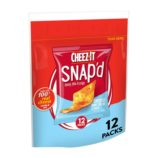 Irresistible cheese? Yes, please. We've turned cheesy snacking up a notch with Cheez-It Snap'd Cheddar Sour Cream and Onion Cheesy Baked Snacks. Don't let these little, thin and crispy snacks fool you. They're loaded with incredibly big cheese deliciousness. With 100% real cheese baked in, and the satisfying flavor of sour cream and onion, Cheez-It Snap'd crackers give you a deliciously satisfying flavor experience every time. Individually packed for convenience, each pouch makes it easy to enjoy the taste 