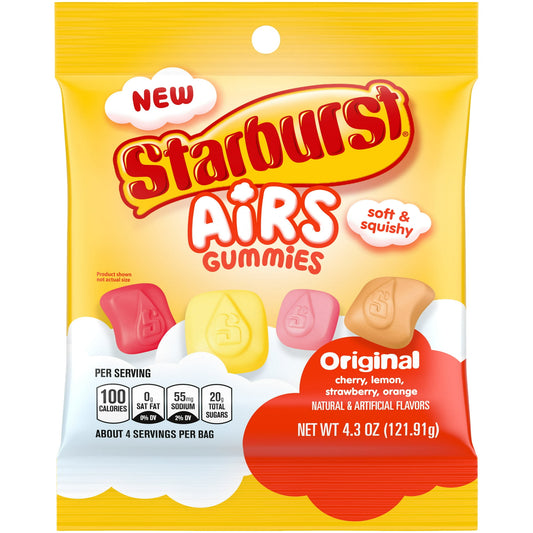 Introducing NEW STARBURST Airs Gummy Candy, a gummy experience like no other that also satisfies your sweet craving. New STARBURST Airs Gummy Candy delivers a unique, soft, squishy and airy texture with the same juicy STARBURST flavors you love. Ladies & gentlemen, this is a new era in gummies, a new texture and new eating experience. It is different from all the other gummies out there! These playful and fluffy gummies are soft to bite into, easy to chew, and best of all – won’t stick to your teeth! Soft, 