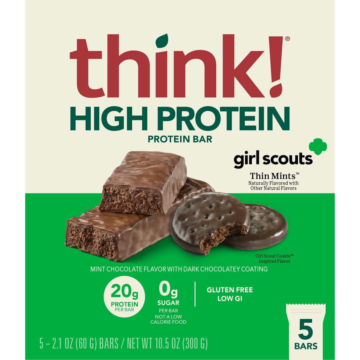 20 g Protein Per Bar 0 g Sugar Per Bar - Not a Low Calorie Food No Artificial Sweeteners♦ Low GI Naturally Flavored with Other Natural Flavors Certified Gluten Free Gl Labs Tested Kosher Dairy Each think!Ⓡ bar blends delicious, crave-worthy flavors with the satisfying protein punch you need to support your goals. Every bite of this Chocolate Mint protein bar is filled with a delicious combination of refreshing mint with rich and decadent dark chocolate. So, whether you are on the go, need a snack halfway up