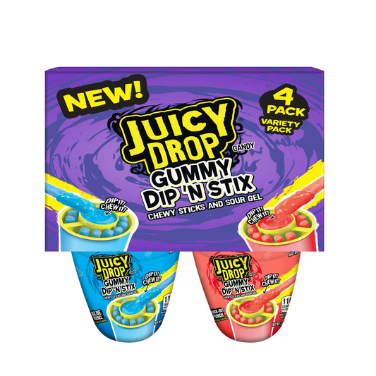 Juicy Drop, Gummies Dip 'N Stix, Gluten-Free, Fruit Flavored, Gummy Candy, Variety Pack, 13.6 oz, 4 Count Pack lets kids create their perfect mix of sweet and sour. Soft chewy gummy sticks that dip into delicious thick sour gel so anyone can create their perfect mix of sweet and sour. Dip as much or as little as you want! Designed to be good for on-the-go, even if that’s just going around the house, each resealable gummy cup is made with firm plastic and a lid that clips shut so it can travel nicely. Juicy 