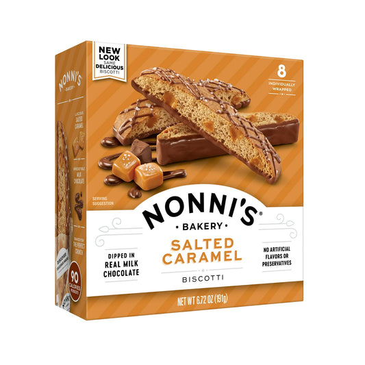 Real, Wholesome Ingredients. Made with real eggs, sugar, Milk Chocolate, Caramel and butter. Baked twice for a light, crunchy texture that's delicately sweet and satisfying. Each box contains 8 Artisan Baked Biscotti Filled with Caramel then Dipped and Topped with Real Milk Chocolate and Sea Salt which are Individually Wrapped and ready to eat. Artisan Baked, Italian Inspired From Family Tradition to Artisan Bakery Delights. The story of Nonni's began in the Tuscan town of Lucca, Italy. That's where our fou