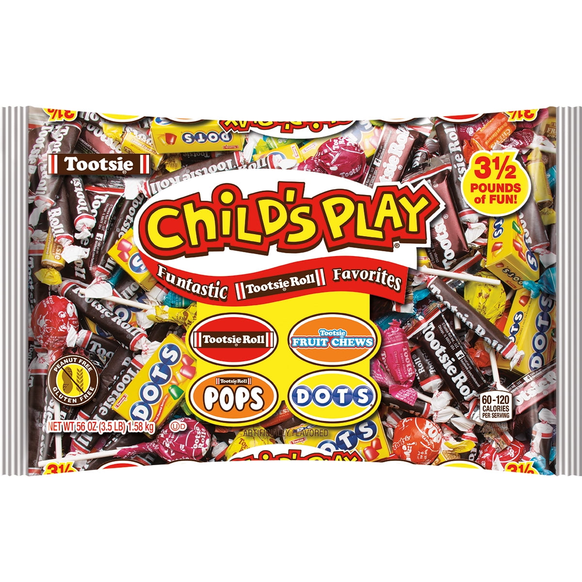 Everyone's favorite candy is always on-hand with Child's Play, the world's #1-selling kid’s candy variety bag. Combining the most popular Tootsie Roll candies in one share-friendly bag, Child's Play's generous assortment of Tootsie Rolls, Tootsie Pops, Mason Dots, Tootsie Flavor Rolls, and Tootsie Snack Bars is the ultimate, value-packed candy assortment. Gluten Free. Peanut Free. Great for holidays like halloween, parties, work events, stocking stuffers, pinatas, and more!