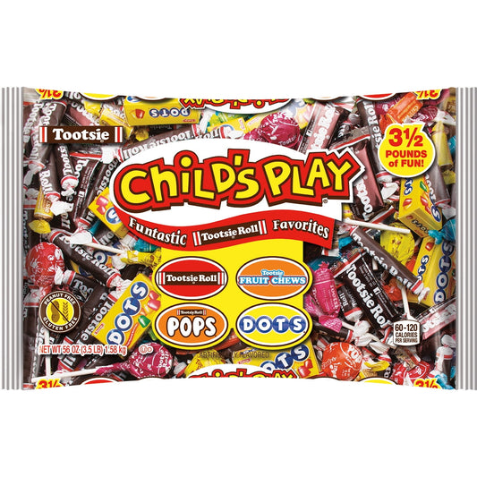 Everyone's favorite candy is always on-hand with Child's Play, the world's #1-selling kid’s candy variety bag. Combining the most popular Tootsie Roll candies in one share-friendly bag, Child's Play's generous assortment of Tootsie Rolls, Tootsie Pops, Mason Dots, Tootsie Flavor Rolls, and Tootsie Snack Bars is the ultimate, value-packed candy assortment. Gluten Free. Peanut Free. Great for holidays like halloween, parties, work events, stocking stuffers, pinatas, and more!