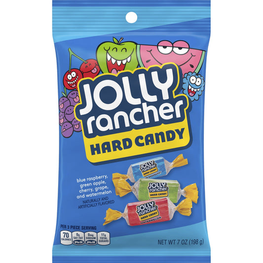 Jolly Rancher Hard Candy - Green , Blue Raspberry, Cherry, Watermelon, Grape - Individually Wrapped, Trans Fat Free - 7 oz - 12 / Carton. Jolly Rancher Hard Candy contains the original, untamed fruit flavor to wake up your taste buds including , blue raspberry, cherry, watermelon and grape. The assortment of flavors offer a great-tasting treat for the breakroom or reception area. Each hard candy is individually wrapped. This candy;jllyrnchrs;astd;7oz is a great breakroom supplies candy item. It is a brand n