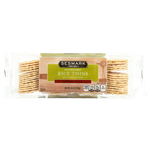 SESMARK BROWN RICE GLUTEN FREE RICE THINS ARE A WHOLE-GRAIN BAKED FOOD PRODUCT. THESE RICE THINS COME IN ONE 3.5 OZ. PACKAGE AND ARE CERTIFIED KOSHER-DAIRY. THEY HAVE 0 G. OF BOTH TRANS FAT AND CHOLESTEROL AND CONTAIN 70 MG OF SODIUM, 3 G. OF PROTEIN AND LESS THAN 0.5 G. OF SATURATED FAT PER SERVING.