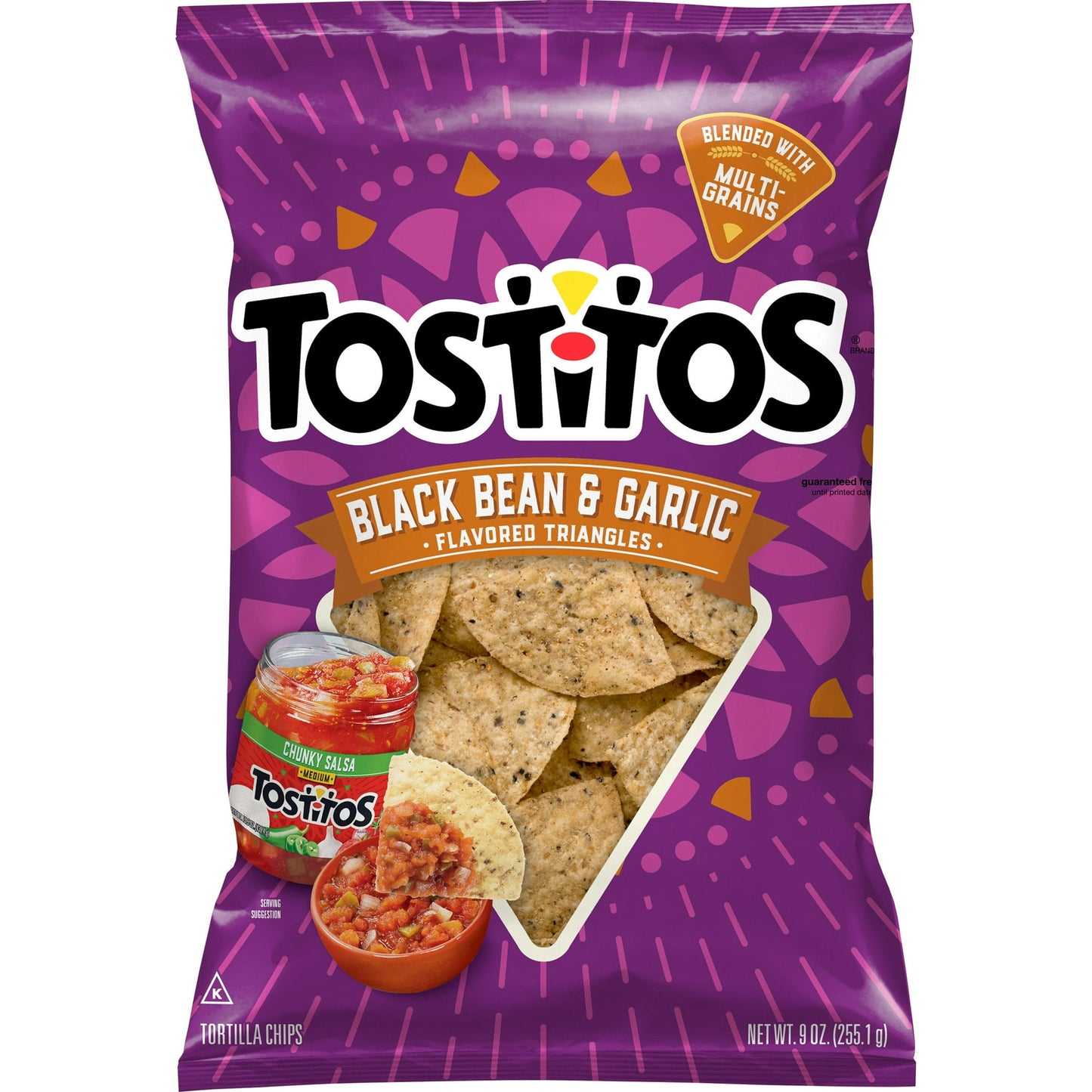 Blended with multi-grains. No artificial flavors. No preservatives. Black Bean & Garlic: The perfect chip for your next get-together! We blend 8 whole grains with the flavors of black bean and garlic to create a one-of-a-kind taste that's meant to be shared. Grab some Tostitos, grab your friends, and get together already! Check out our products & recipes at tostitos.com. Until printed date or this snacks on us. Visit our website (at) fritolay.com.