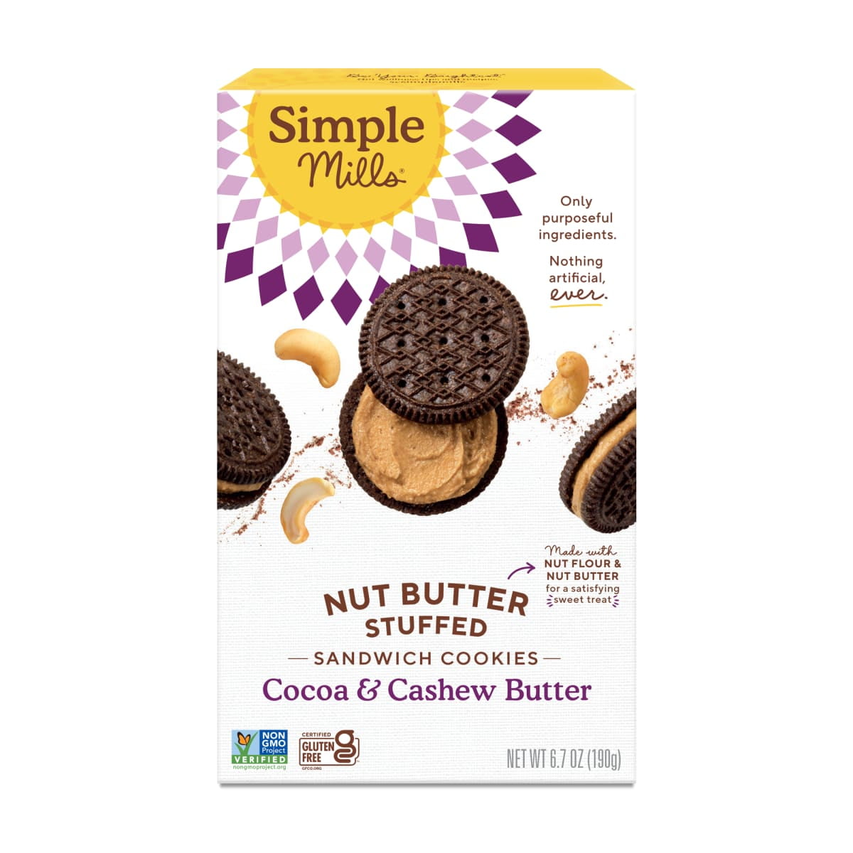 Sandwich cookies made with simple ingredients. Simple Mills Cocoa Cashew Creme Nut Butter Stuffed Sandwich Cookies are made with cashews and creamy cashew butter. Cashews deliver good fats and vitamins and minerals, including zinc, magnesium, and vitamin B6. Sized for feel-good snacking, you can indulge in snack time (and feel good about it!) with these gluten-free cookies anytime you have a cookie craving. Simple Mills Sandwich Cookies are sweetened with coconut sugar. Shelf-stable and made with only purpo