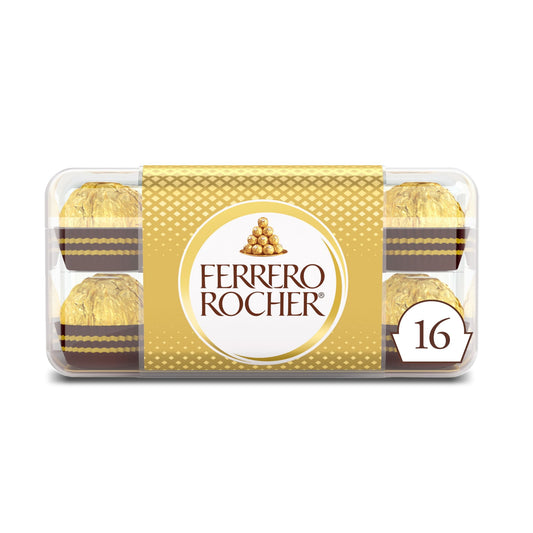 Ferrero Rocher's milk chocolate gift box offers a unique taste experience of contrasting layers: a whole crunchy hazelnut in the heart and a delicious, creamy hazelnut filling surrounded with milk chocolate, crispy wafers and gently roasted hazelnut pieces. And thanks to its signature golden wrapper, Ferrero Rocher is even more unique and special. The iconic original. Celebrate the moment with Ferrero Rocher. Since the 1940s, Ferrero has delighted consumers with premium, one-of-a-kind chocolate treats, sati