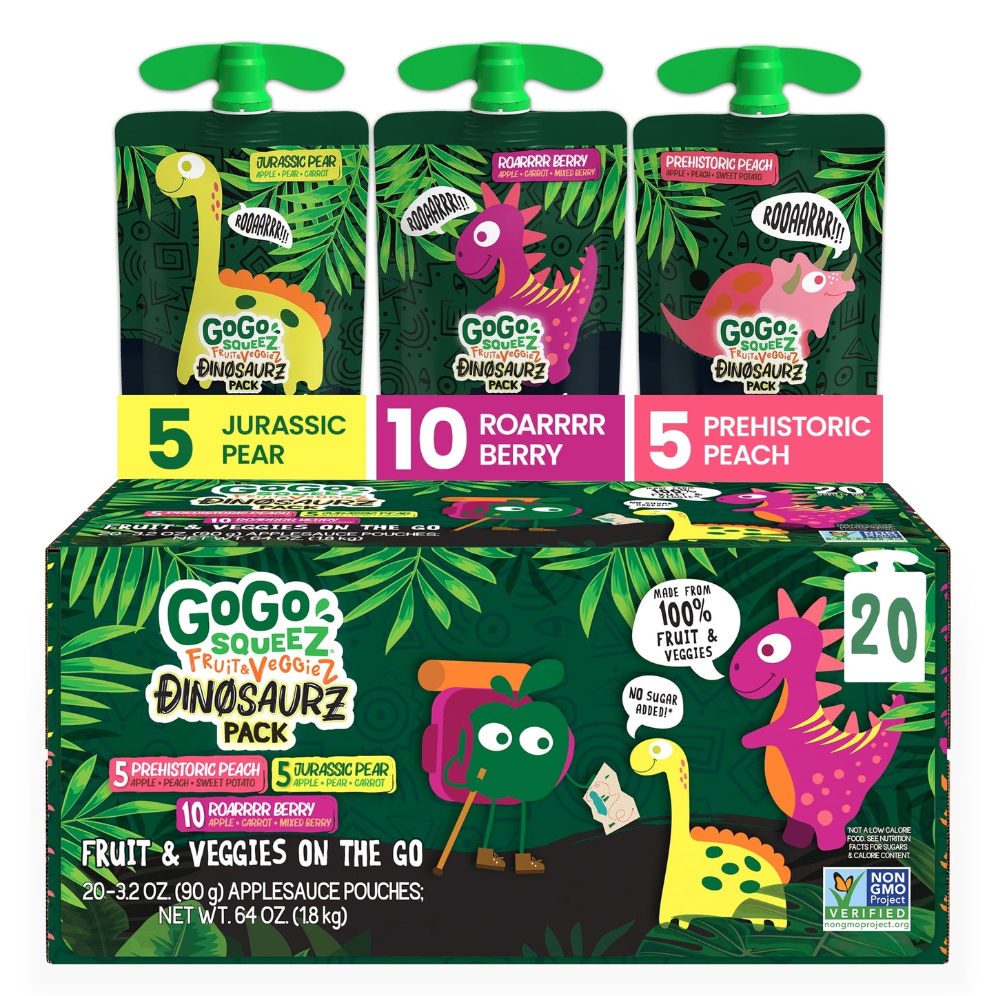 GoGo squeeZ fruit&veggieZ is an unsweetened applesauce made from 100% fruit & veggies with no high fructose corn syrup, no preservatives, no added colors or flavors and no sugar added* (*Not a low calorie food. See nutrition information for sugars and calorie content). These easy and yummy kid snacks come in BPA-free, squeezable, pantry-friendly, on the go pouches. They are nut, dairy, and gluten free, Kosher Certified and non-GMO Project Verified. Pack these plant based pouches in a backpack, diaper bag, b