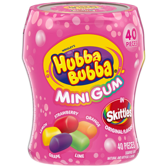 Looks like gum. Tastes like SKITTLES. Brace yourself for a flavor filled journey through the clouds with NEW HUBBA BUBBA Mini Bubble Gum, featuring the iconic flavors of SKITTLES. That's right! Each bite sized chew is bursting with grape, lemon, orange, strawberry, and lime flavors.This resealable bottle of HUBBA BUBBA Mini Gum makes it easy for you to take anywhere and share. Keep a bottle in the car while road-tripping or in your bag while running errands with the family.Blow your friends away at your nex