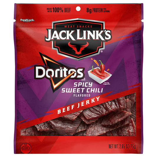 Level up your snack game with JACK LINK’S® DORITOS® SPICY SWEET CHILI beef jerky. Some call it their “kryptonite”, others call it the “bangingest sweet salty” flavor we have. Experience this bold, epic mashup that will make your tastebuds scream, what is this deliciousness?! Jack Link’s Meat Snack can definitely help you power through a late day at work, tackle your honey-do list or fuel a workout. Includes 1 (2.65 oz) bag of Jack Link’s® Doritos® Spicy Sweet Chili Flavored Beef Jerky.