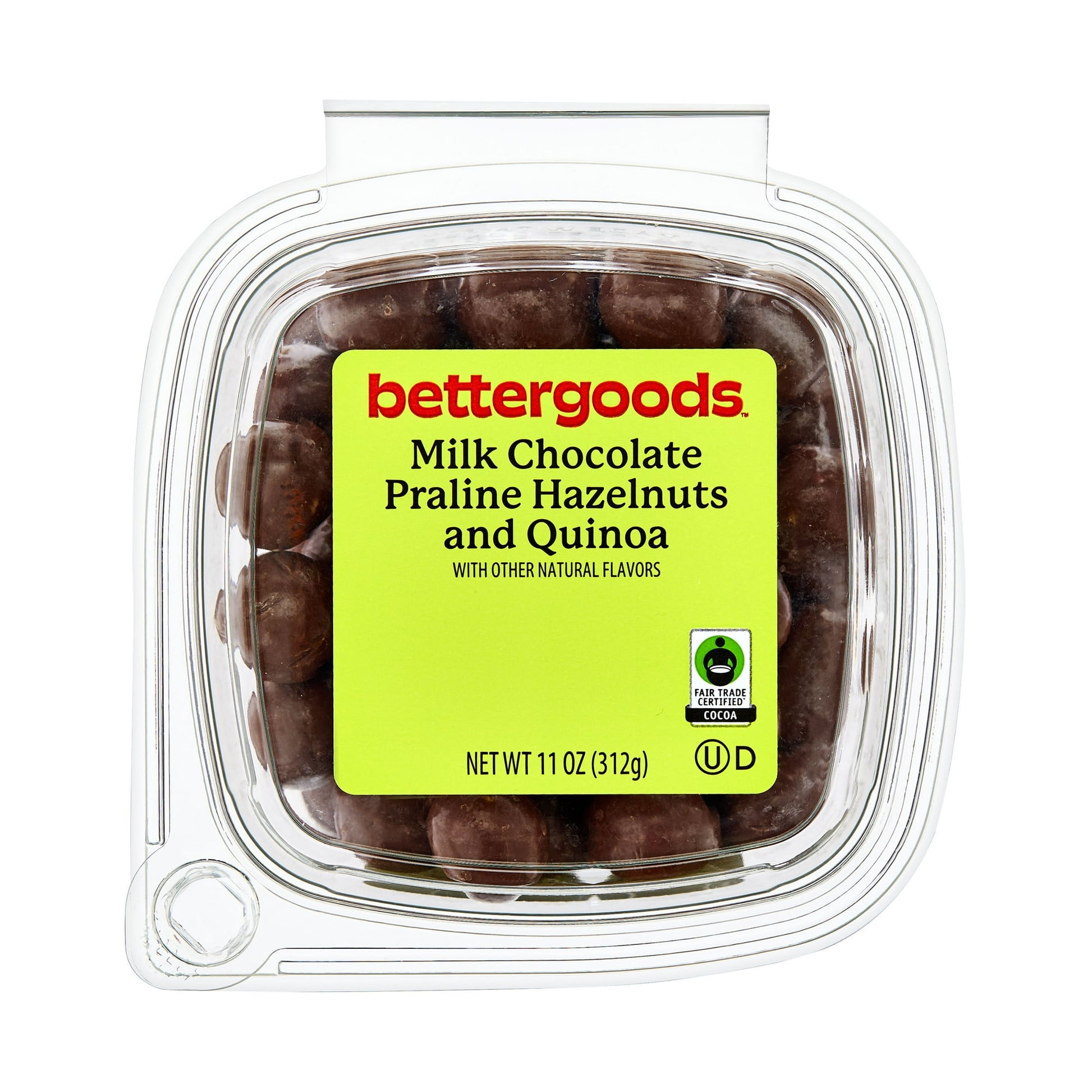 Welcome to the world of bettergoods Milk Chocolate Praline Hazelnuts and Quinoa, a delectable snack of chocolate covered pecans. The cashews, Fair Trade Certified Cocoa, praline, and quinoa are carefully selected for this bettergoods product. The result is a snack that's crunchy, sweet, and absolutely full of flavor, and is a kosher dairy product. Enjoy it straight from the tub for a quick and satisfying snack or sprinkle it over your desserts for an extra crunch and a burst of flavor. With servings per con