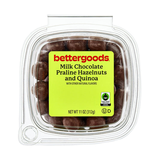 Welcome to the world of bettergoods Milk Chocolate Praline Hazelnuts and Quinoa, a delectable snack of chocolate covered pecans. The cashews, Fair Trade Certified Cocoa, praline, and quinoa are carefully selected for this bettergoods product. The result is a snack that's crunchy, sweet, and absolutely full of flavor, and is a kosher dairy product. Enjoy it straight from the tub for a quick and satisfying snack or sprinkle it over your desserts for an extra crunch and a burst of flavor. With servings per con