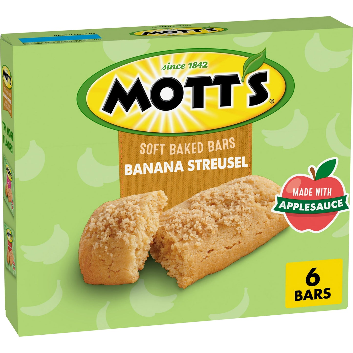 Take soft baked goodness wherever your day takes you! Mott's Banana Streusel Flavor Soft Baked Bars combine an irresistibly soft texture, delicious banana taste, and streusel topping with the ease of an on the go bar. Whether you make it a morning snack, bite at the office, or an after school treat, each serving is a good source of fiber, has no high fructose corn syrup, and is made with applesauce. Stock your pantry with these individually wrapped bars for a quick and easy anytime snack for adults or kids.