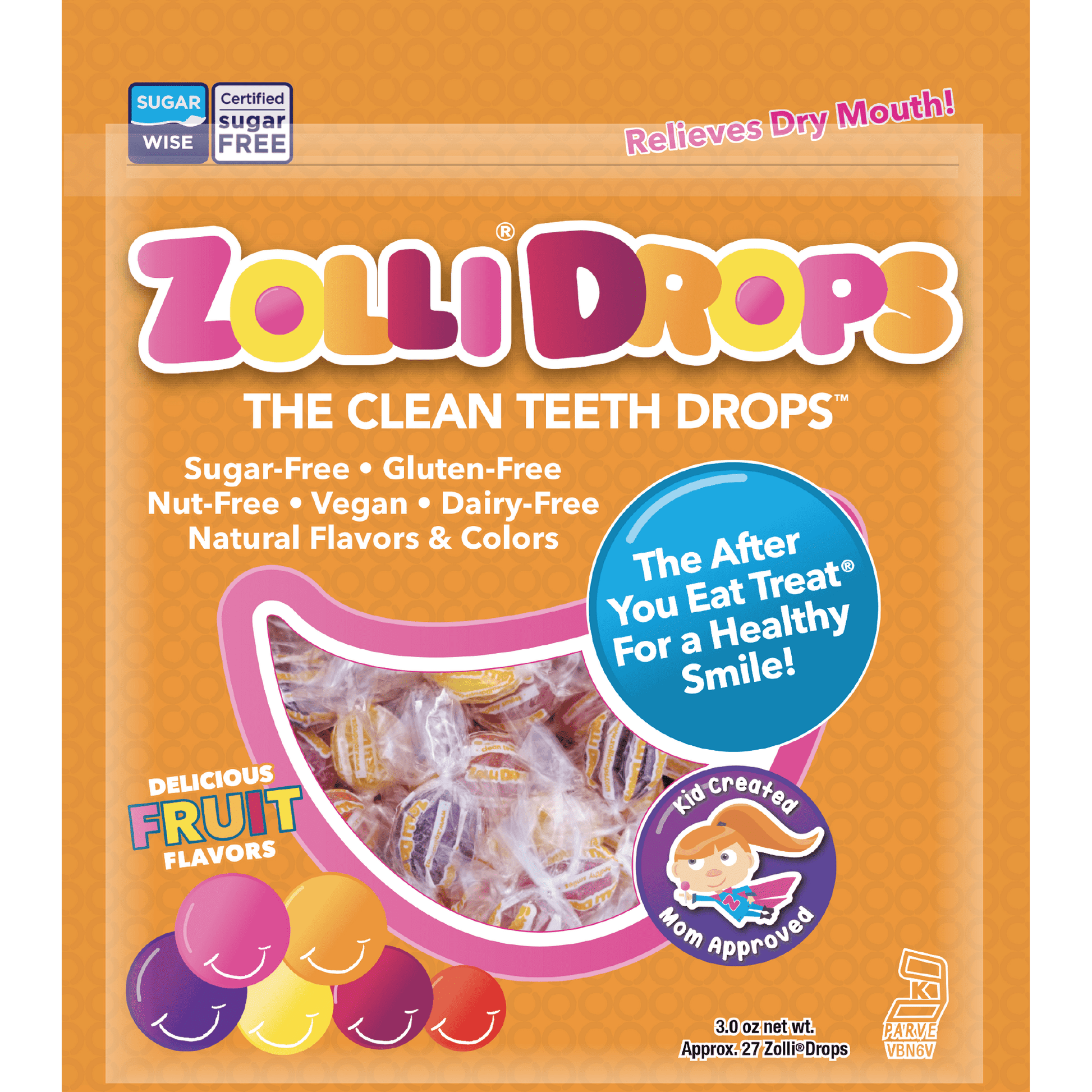 Delicious, natural, kid created, Mom approved Zollipops , Clean Teeth Anti Cavity Drops are no ordinary suckers. This candy is a supercharged with smile making, magical, teeth cleaning ingredients, including erytritol, xylitol and other natural ingredients. They help to reduce the acidity and raise the pH in your mouth after a meal to help your teeth re-mineralize and get stronger, faster to keep smiles healthy and happy. Zolli are sugar free, nut free, gluten free, dairy free, vegan, kosher, and contain no