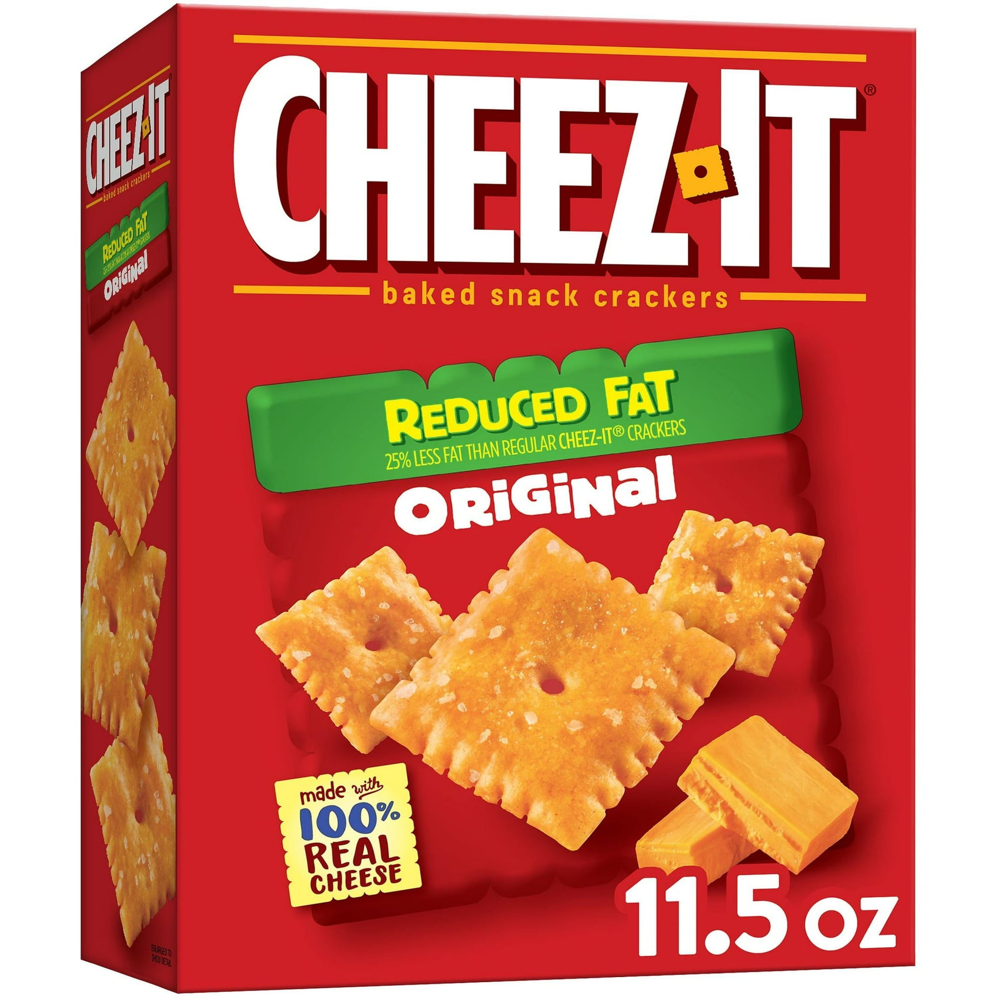 Feel good about satisfying your snack cravings with Cheez-It Reduced Fat Original Baked Snack Crackers - bite-size cheese crackers that are baked with 25% less fat than Cheez-It Original crackers* (*compare Reduced Fat Cheez-It with 6g fat per 30g serving to Regular Cheez-It with 8g fat per 30g serving). Cheez-It Reduced Fat Original Baked Snack Crackers are the real deal - made with 100% real cheese that's been carefully aged for a yummy, irresistible taste. Each perfect square is bursting with bold, chees