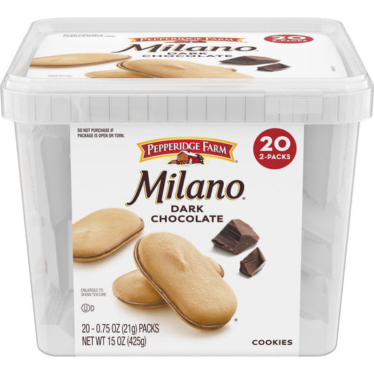 When you can't make yoga, when you have 10 minutes before getting the kids from school, when you just need a little me-time, Milano cookies are there for you. Delicate, sweet and oh, so indulgent, Milano cookies are that special treat your day needs. Pepperidge Farm Milano Dark Chocolate has rich dark chocolate hidden between delicate cookies, and the 2-cookie pack makes it easy to take Milano with you for a midday snack at work, at the gym or in the carpool lane. Milano cookies are beautifully crafted - ju