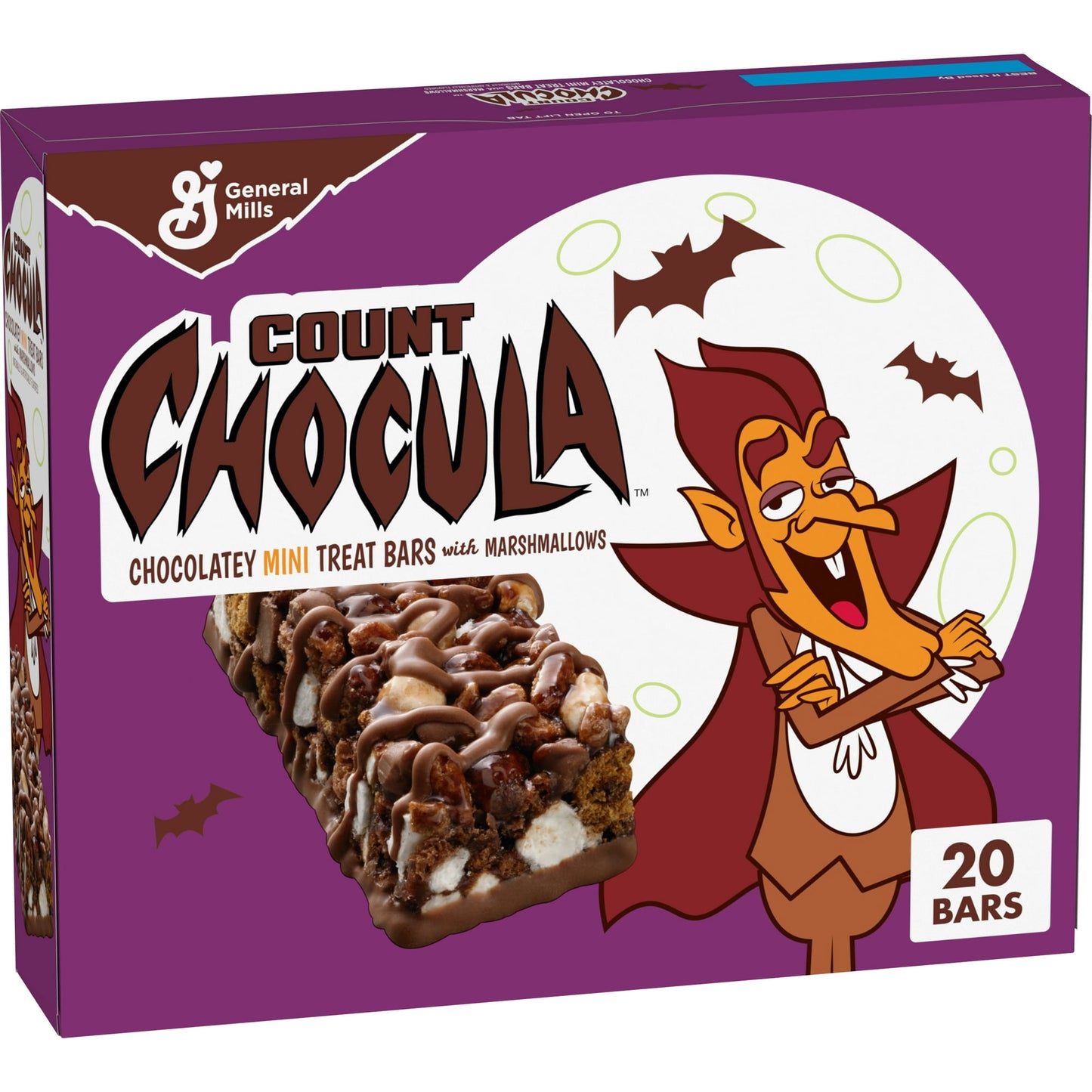 You'll go batty over mini treat bars with chocolatey yumminess. Count Chocula Halloween Mini Treat Bars with Marshmallows are a great on-the-go snack with a scary-good flavor kids and adults will love. Sink your fangs into these deliciously chewy treat bars as a part of busy mornings. Pack a mini bar in a school snack bag for a sweet, seasonal surprise. Serve this pantry staple as an after school snacks kids can dunk in milk while telling fun ghost stories. Add these mini marshmallow treat bars to Halloween