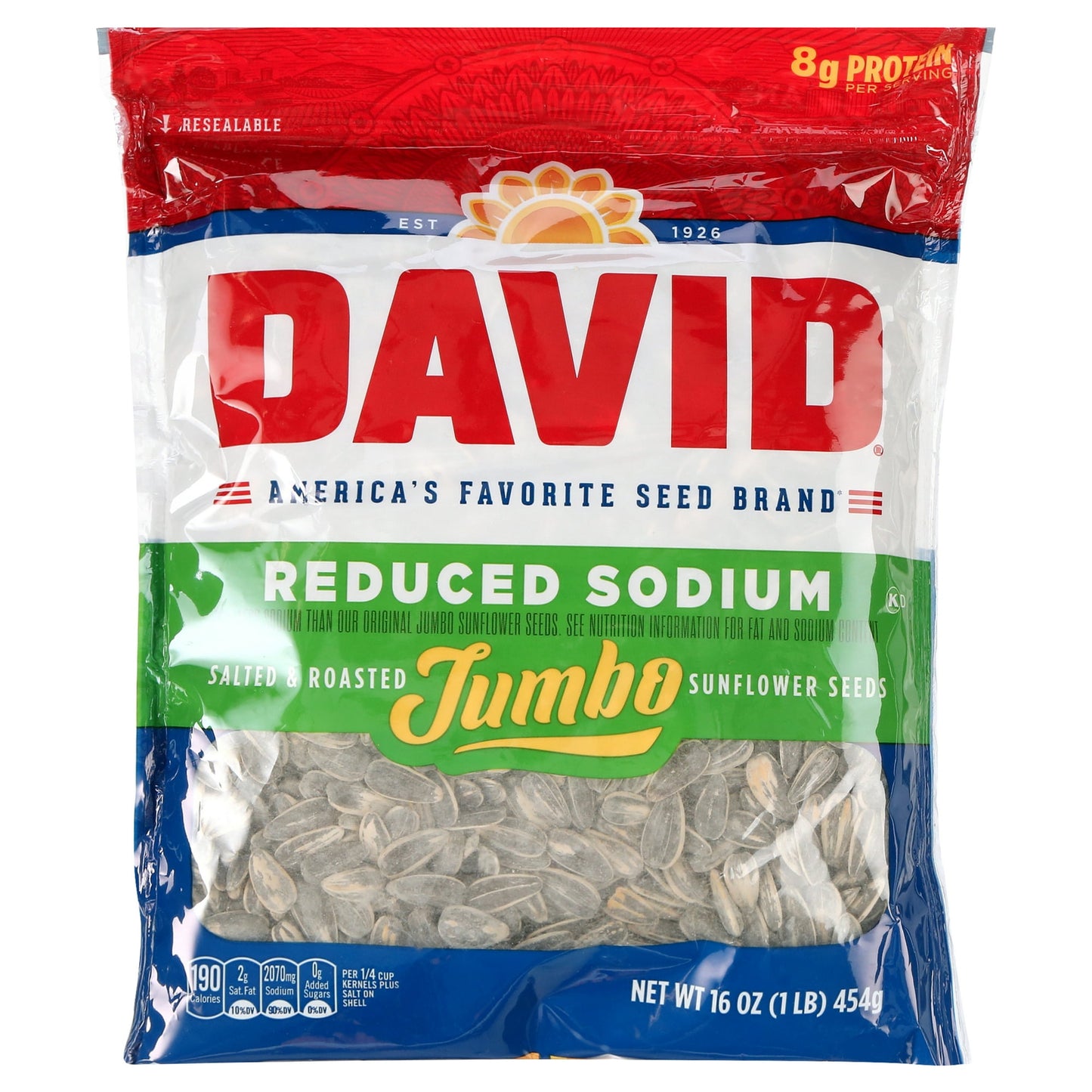 Enjoy the same great salted flavor you love with less sodium with DAVID Reduced Sodium Jumbo Sunflower Seeds. DAVID Reduced Sodium Seeds offer a satisfying snack on the go with the dependable great taste you love to tide you over through the home stretch with 25% less sodium than our original jumbo sunflower seeds. (See nutrition information for fat and sodium content) Each 16-ounce, individually packaged bag contains about 7 servings with 190 calories and 8 grams of protein per serving. These reduced sodiu