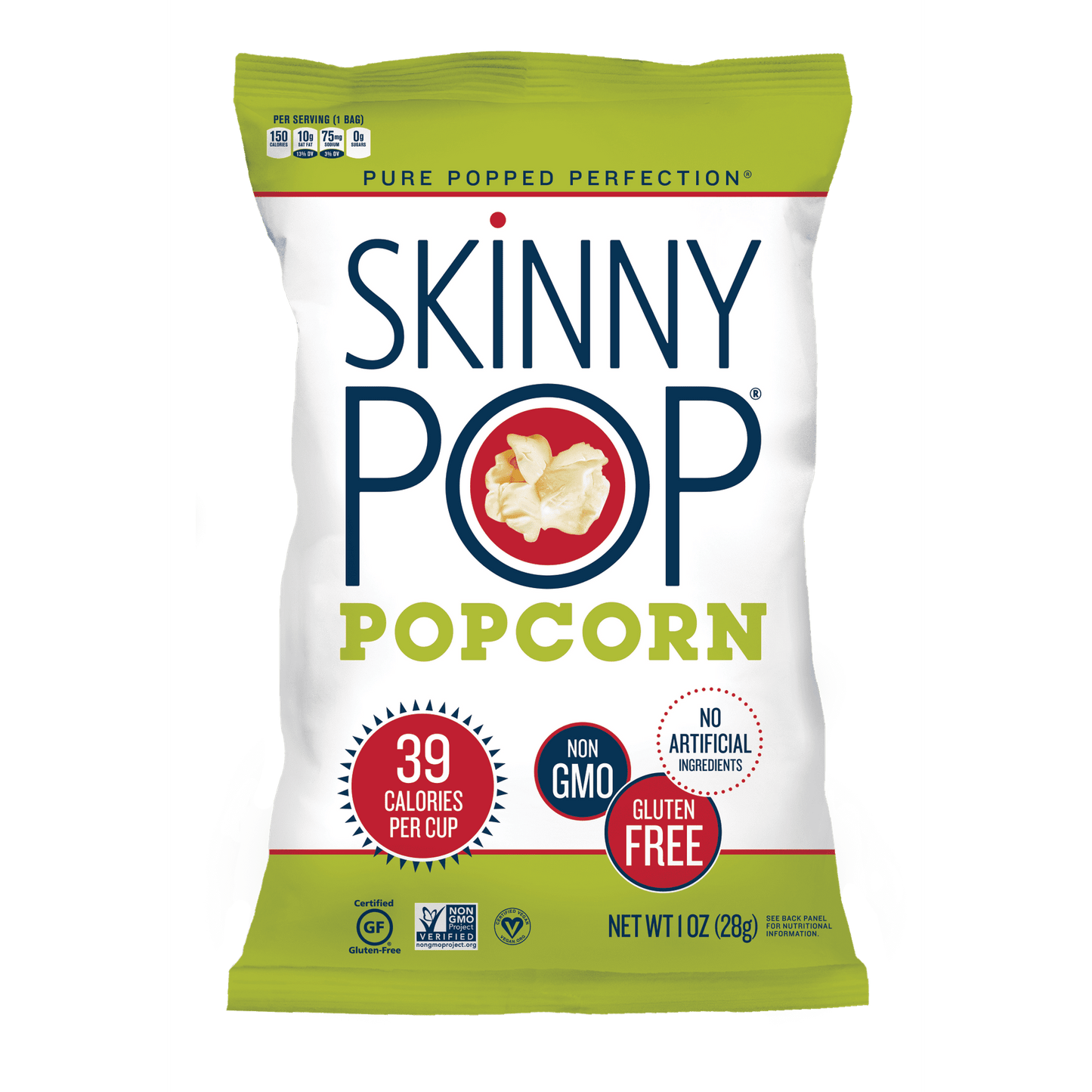 SkinnyPop Original Popcorn is perfectly salty, crunchy, and fluffy – you'll want to eat it by the handful or by the bagful! This 1-ounce bag of SkinnyPop Popcorn is perfect for snack essentials, lunch snacks, road trips, and more. SkinnyPop starts with a premium popcorn kernel, sunflower oil, and the perfect amount of salt. From there, Pure Popped Perfection® says it all. Our popcorn has no GMOs, artificial ingredients, or preservatives. SkinnyPop is a tasty, guilt-free snack. Plus, it's free of gluten, dai