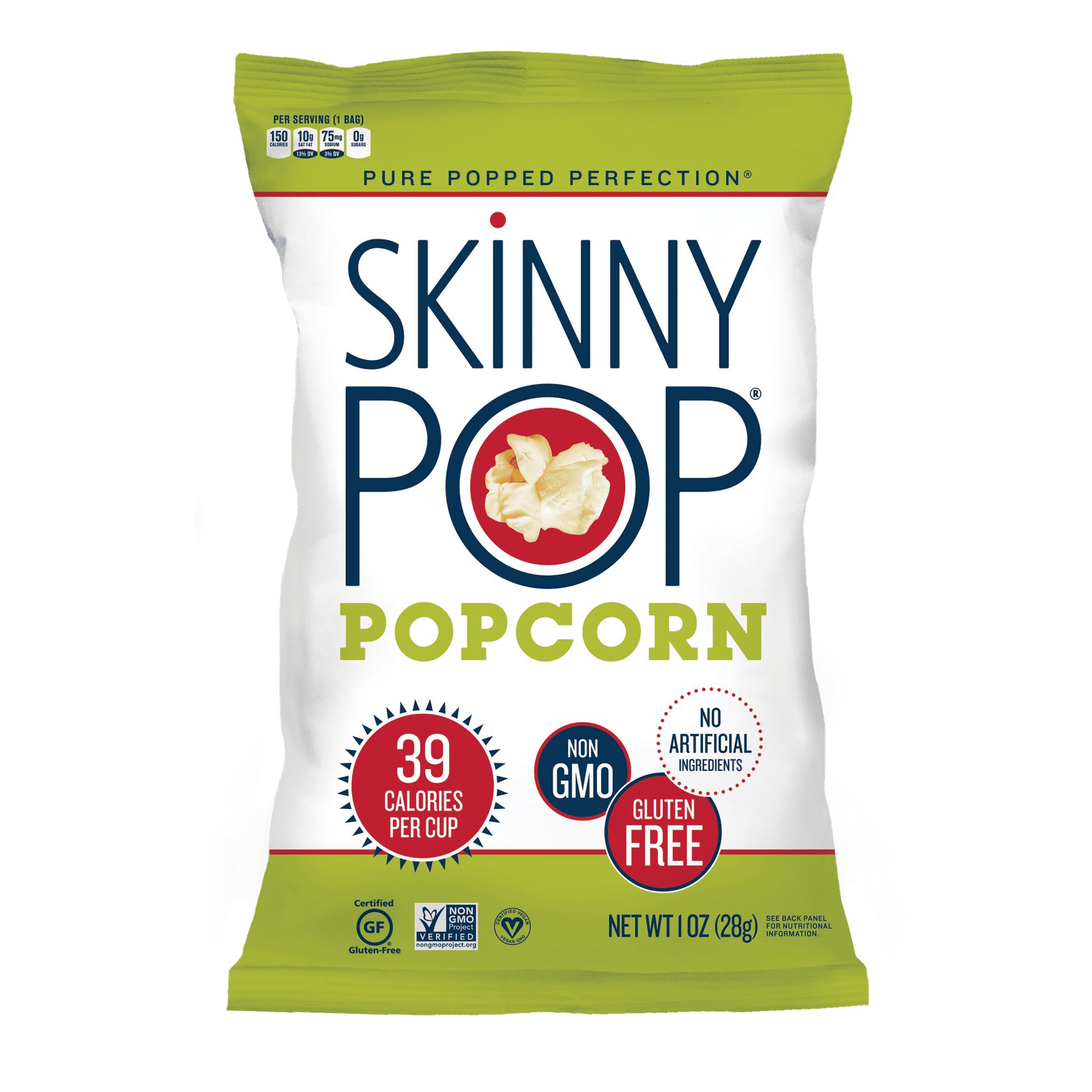 SkinnyPop Original Popcorn is perfectly salty, crunchy, and fluffy – you'll want to eat it by the handful or by the bagful! This 1-ounce bag of SkinnyPop Popcorn is perfect for snack essentials, lunch snacks, road trips, and more. SkinnyPop starts with a premium popcorn kernel, sunflower oil, and the perfect amount of salt. From there, Pure Popped Perfection® says it all. Our popcorn has no GMOs, artificial ingredients, or preservatives. SkinnyPop is a tasty, guilt-free snack. Plus, it's free of gluten, dai