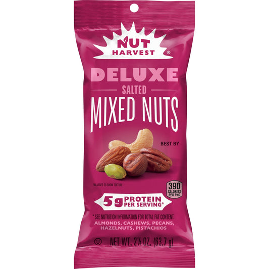 Savor the rich and satisfying flavors of Nut Harvest Deluxe Mixed Nuts! This 2.25 oz bag is a perfect blend of premium nuts, Ideal for snacking on the go, these mixed nuts are great for a quick energy boost or as a nutritious addition to your favorite recipes. Packed with protein and healthy fats, Nut Harvest Deluxe Mixed Nuts are a wholesome choice for those seeking a delicious and convenient snack. Enjoy them at home, at work, or anywhere life takes you!