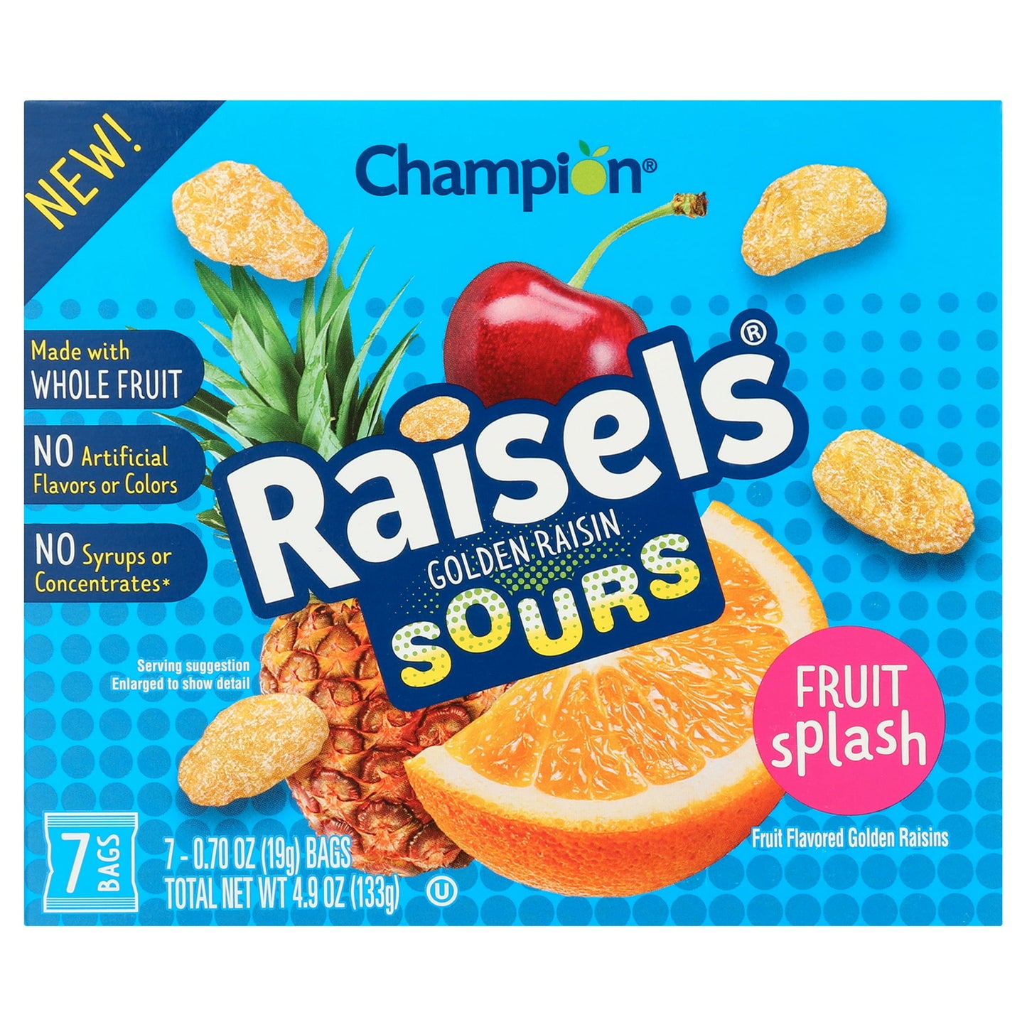 Raisels Sours newest member of the band! It’s no secret that raisins love sunshine, which is why we sent these on a tropical flavor vacation. With a refreshing twist of pineapple, orange and cherry – these Raisels make a cannonball-sized splash with every bite.