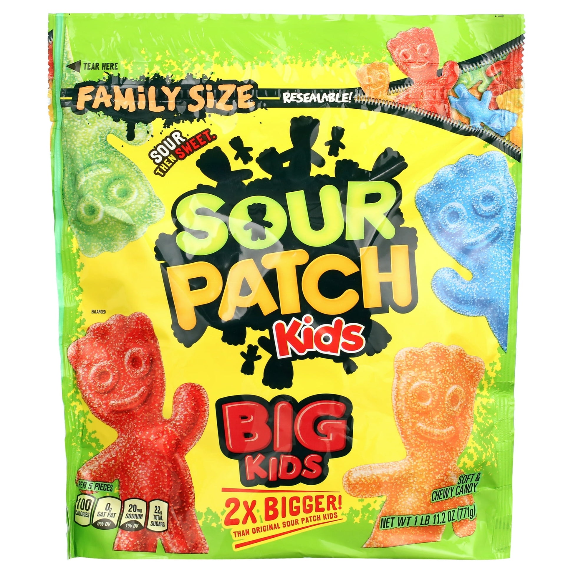 SOUR PATCH KIDS Big Kids Soft & Chewy Candy packs all the classic flavor into a mischief-filled soft candy. The large kid-shaped chewy snacks are two times bigger than the original for even more of a SOUR THEN SWEET candy experience. Enjoy these sour gummy snacks whenever you want a SOUR THEN SWEET treat by keeping a package on-hand for quick snacks or as party favors for Halloween, Valentine's Day or birthdays.