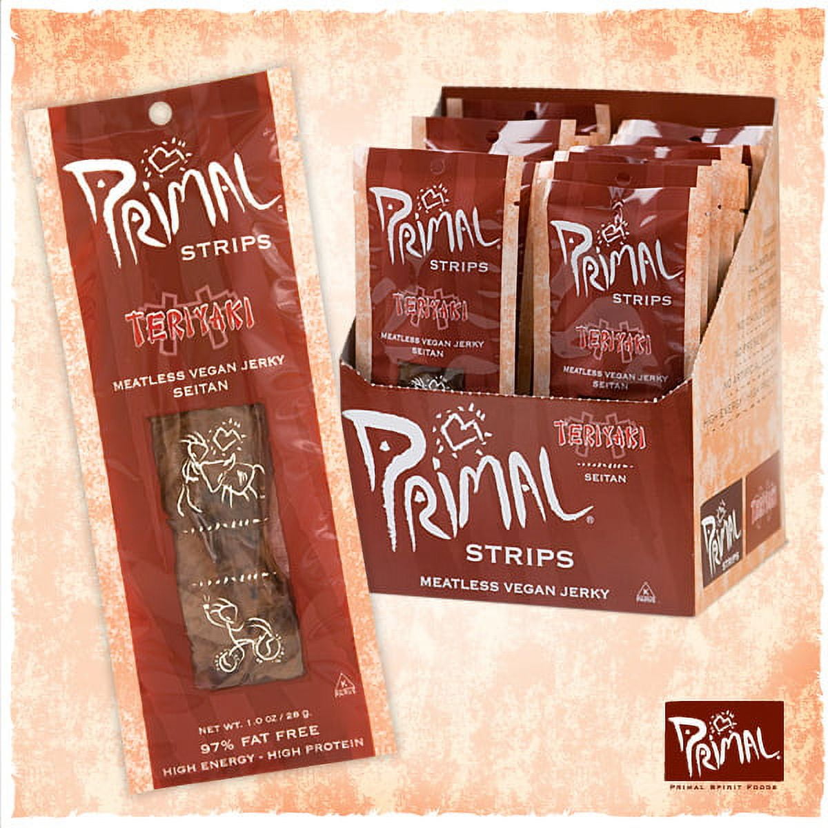 Primal Strips Meatless Vegan Jerky Seitan Teriyaki\xc2\xa0are high energy and high protein - making them the perfect snack for times when you\'re getting back to nature. Voted Best New Vegetarian Snack by VegNews,\xc2\xa0Primal Strips are also the favorite of protein hungry bikers, climbers, and outdoors people. Look beyond snacking and try cutting them up in salads, stir frys, and burritos, or even served hot on sandwiches. Kids love them in their lunch boxes and as mid-day snacks. Primal Strips are delici