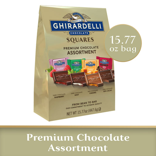 Indulge in a premium chocolate assortment with GHIRARDELLI Premium Assorted Chocolate squares. This bag of individually wrapped candy squares is perfect for gifting, entertaining and personal enjoyment. There's a chocolate in this collection for everyone, whether you crave rich, indulgent milk chocolate, slow-melting dark chocolate, mint chocolate or luscious caramel. Each bag of GHIRARDELLI squares includes a variety of best selling flavors, including Dark Chocolate Raspberry, Dark Chocolate Mint, Milk Cho