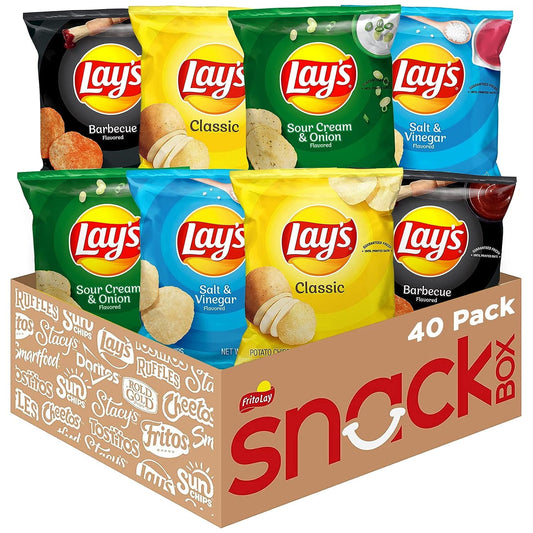 Variety pack of Lay's potato chips favorites with classic flavors in one convenient package. 40 count pack featuring 10 of each of these Lay's potato chips favorites in 1 oz bags - Classic, Barbecue, Sour Cream and Onion, and Salt and Vinegar. These much loved treats are fun to enjoy at lunch, as an after-school snack, or party refreshment. Shelf-Stable / Ambient. Multipack Retail Packaging. Frito-Lay Chips and Snacks. Perfect for on the go snacking and adventures the whole family can enjoy!