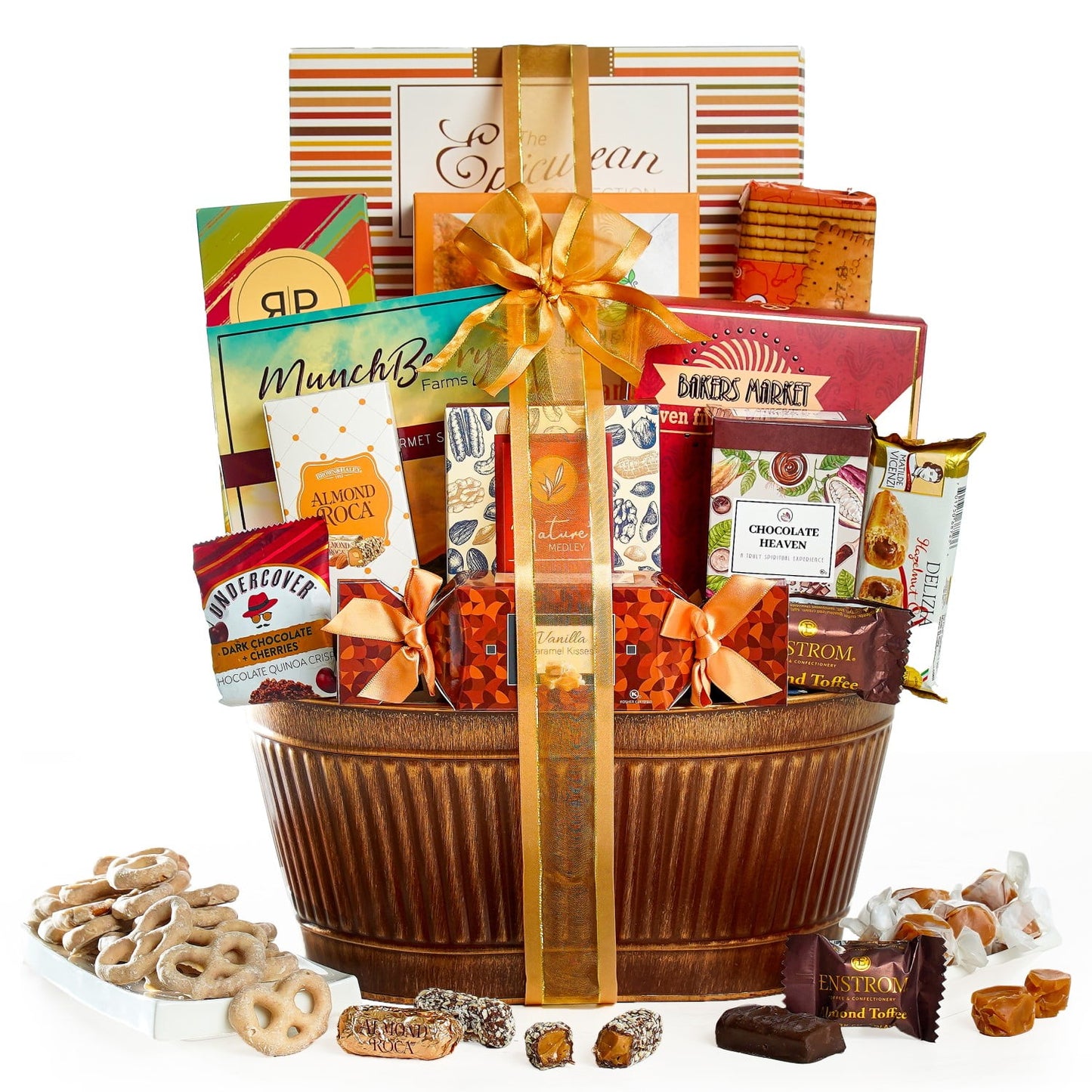 Delight any recipient with this edible gift basket treat assortment, beautifully packaged and ready for gifting. The Broadway Basketeers Gourmet Food Gift Basket caters to many occasions and recipients because it is filled with delicious, gourmet food and snacks. Plus it's a convenient way to share warmth and love. Our premium food gifts are a best seller because they are an easy gift to send to loved ones and friends, near or far. A unique gift, this assortment contains scrumptious treats and savory snacks