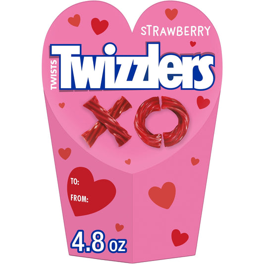 Show your loved ones how much you care with strawberry flavored TWIZZLERS candy! TWIZZLERS Twists strawberry flavored chewy candies are too fun not to enjoy with friends, family and co-workers. Or, with this Valentine's Day themed gift box, you might even want to share with a secret crush. With a gift box of strawberry flavored chewy candies ready for action, you'll never find yourself without a delicious and shareable snack. Bite both ends of a TWIZZLERS Twists candy off to create a straw, then dip your ca