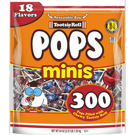 Enjoy the same great Tootsie Pop look and taste in a scaled down version with Tootise Pop Miniatures, a favorite party and holiday giveaway. 18 Assorted Flavors including Watermelon, Raspberry, Chocolate, Cherry, Grape, Orange, Strawberry, Green Apple, Fruit Punch, Black Cherry, Blue Raspberry, Strawberry Kiwi, Tangerine, Blackberry, Pomegranate, Banana, Mango and Lemon. Convenient resealable bag containing 300 Mini Pop. Perfect for candy dishes, Halloween, Stocking Stuffers, Easter Baskets, on-the-go sweet