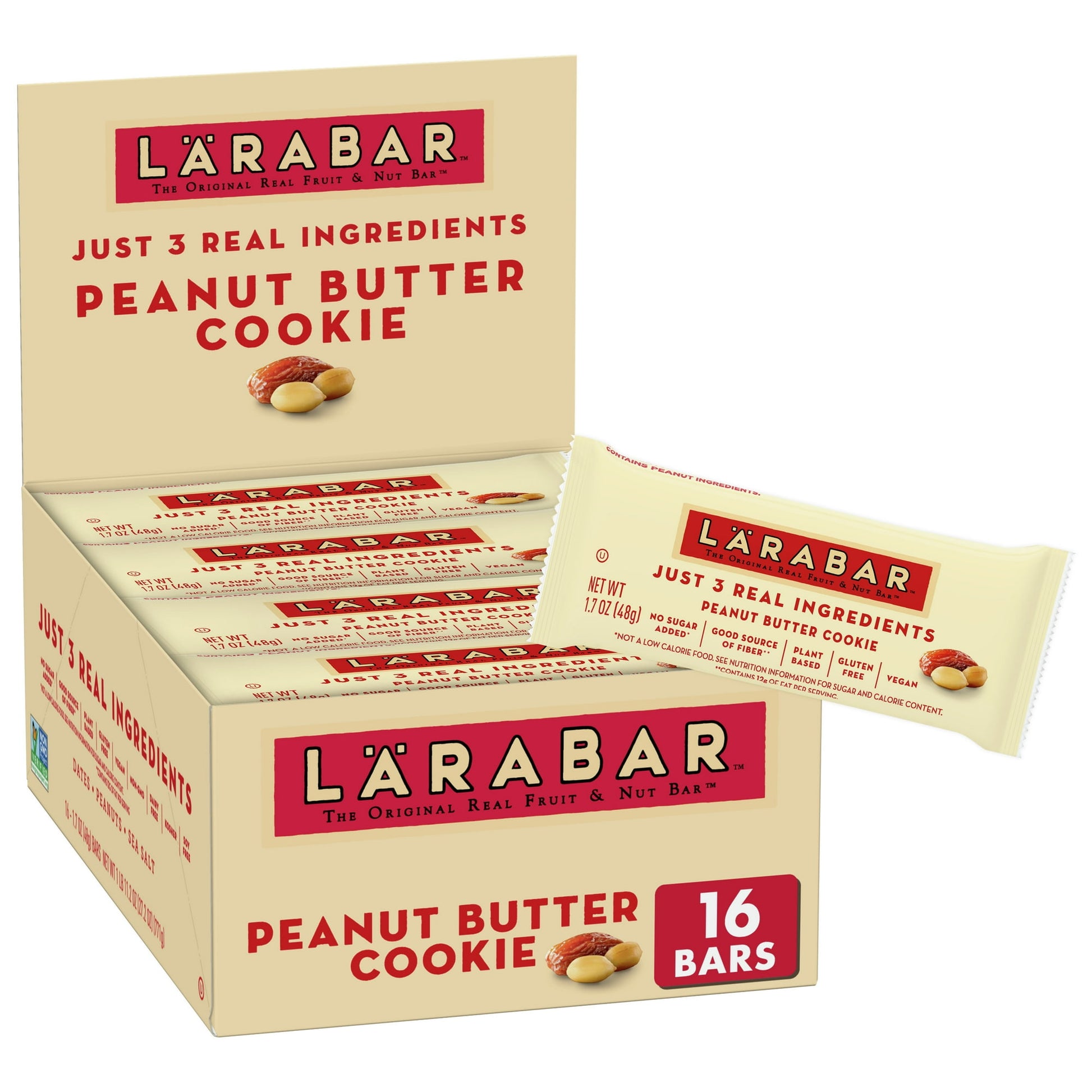 Eat clean with 100% real ingredients. Larabar makes simple snacks you can feel good about eating. With our simple blend of fruits, nuts & spices, clean eating just got a whole lot easier. Whether its a breakfast bar or afternoon snack, this bar is an easy and delicious option that will lift your vitality and provide energy with every bite. Larabar Peanut Butter Cookie is made from just 3 simple ingredients: dates, peanuts and sea salt and is Vegan, Gluten Free, Dairy Free, Kosher, Soy Free, Non-GMO, and a G