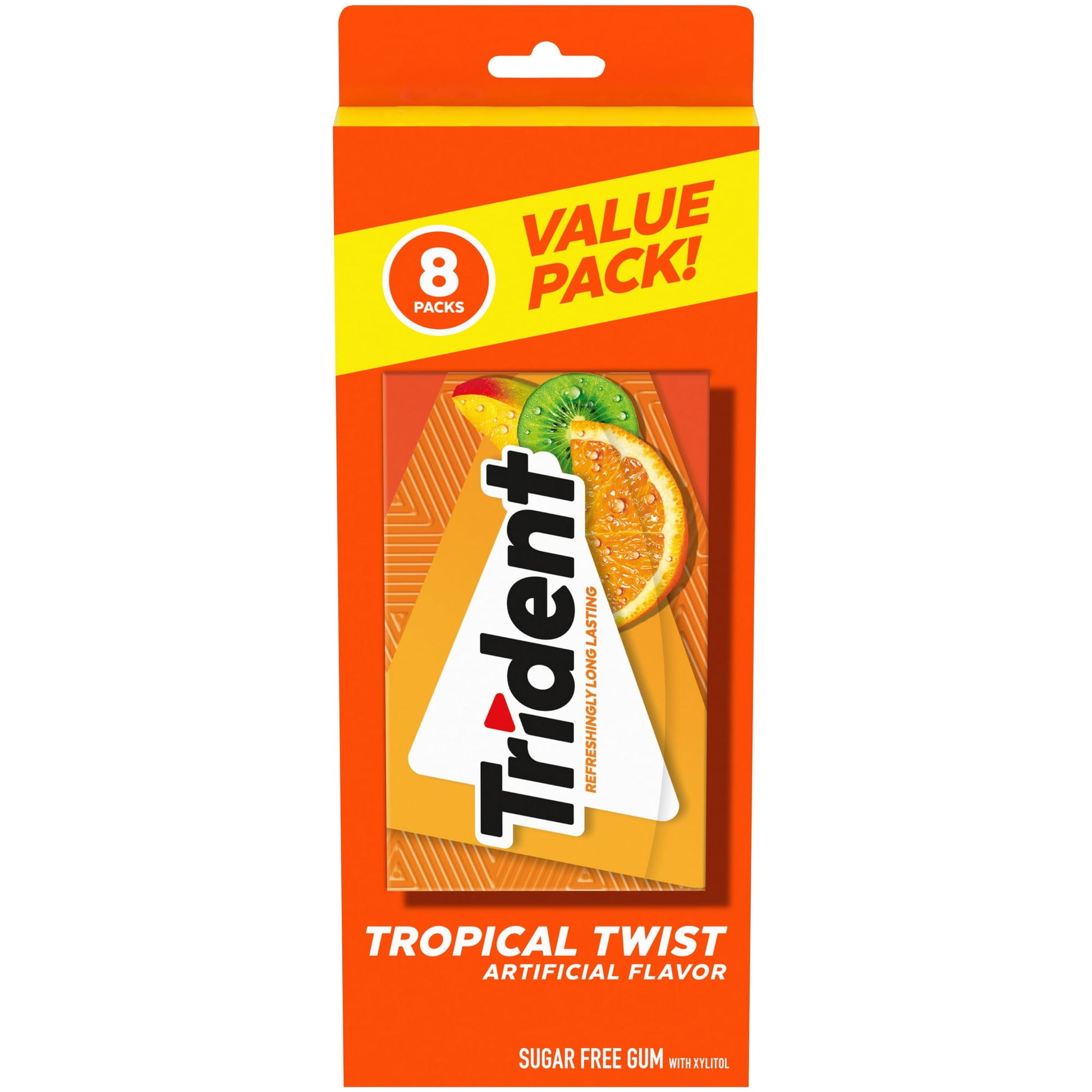 Trident Tropical Twist Sugar Free Gum made with Xylitol is a delicious way to freshen breath and protect your teeth. This gum has 30% fewer calories than sugared gum. Trident fruit flavored gum is sweetened with xylitol, a naturally occurring sugar alcohol. The ADA Council on Scientific Affairs found that chewing Trident sugarless gum for 20 minutes after eating stimulates saliva flow. This helps prevent cavities by reducing plaque acids and strengthening teeth. Bulk gum packs give you plenty to stock your 