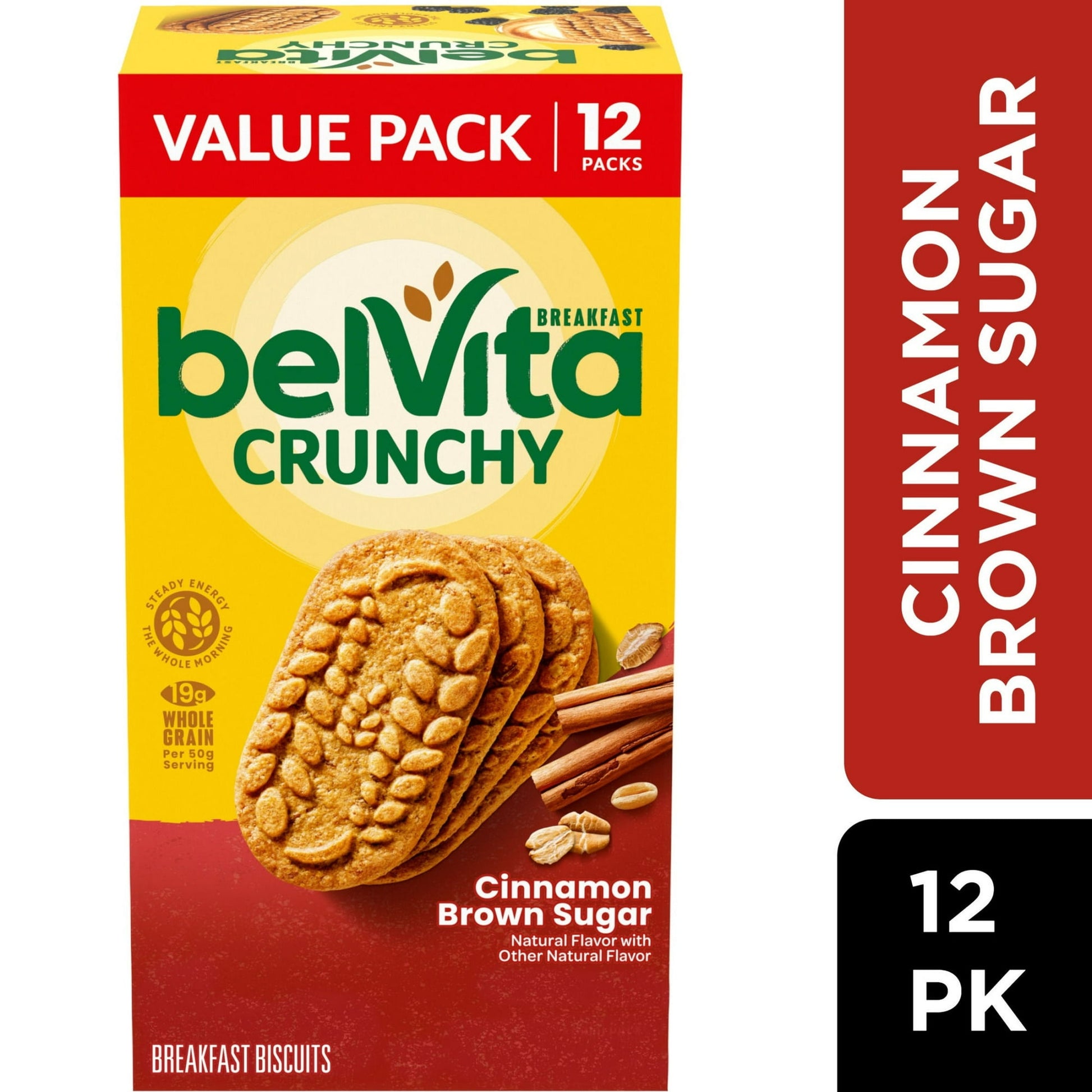 Start your morning off right with lightly sweet and crunchy belVita Cinnamon Brown Sugar Breakfast Biscuits. These biscuits combine wholesome grains with the taste of cinnamon sugar for a delicious breakfast. Specially baked, these biscuits contain slow-release carbs that break down gradually in the body to deliver delicious, steady energy all morning long so you can enjoy with your morning coffee, yogurt and fruit or as an instant breakfast food. Each 50 gram serving of these bulk breakfast cookies contain