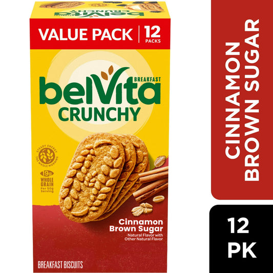 Start your morning off right with lightly sweet and crunchy belVita Cinnamon Brown Sugar Breakfast Biscuits. These biscuits combine wholesome grains with the taste of cinnamon sugar for a delicious breakfast. Specially baked, these biscuits contain slow-release carbs that break down gradually in the body to deliver delicious, steady energy all morning long so you can enjoy with your morning coffee, yogurt and fruit or as an instant breakfast food. Each 50 gram serving of these bulk breakfast cookies contain