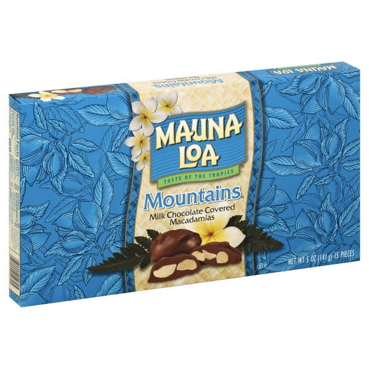 Macadamias, Mountains, Covered in Milk Chocolate, Box 5 OZ Macadamia nuts covered in milk chocolate. Taste of the tropics. Since the first macadamia tree was planted in 1946 on the big island of Hawaii, macadamia nuts have been used to create a delectable assortment of the finest products. Great tasting Mauna Loa macadamia nuts and treats meet the highest standards of quality and excellence. Perfect for gift-giving, special occasions or an everyday treat! Mahalo (thank you) for buying Mauna Loa products. Qu