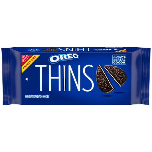 OREO Thins Chocolate Sandwich Cookies are the classic OREO cookies you’ve always loved, but with a crisp, delicate twist. These thin cookies are a lighter, crispier take on Original OREO cookies with less crumbs and more crunch. Cookie thins are great for dunking in a glass of cold milk or enjoying after a long day. The resealable container with easy-pull tab keeps these crispy cookies fresh.