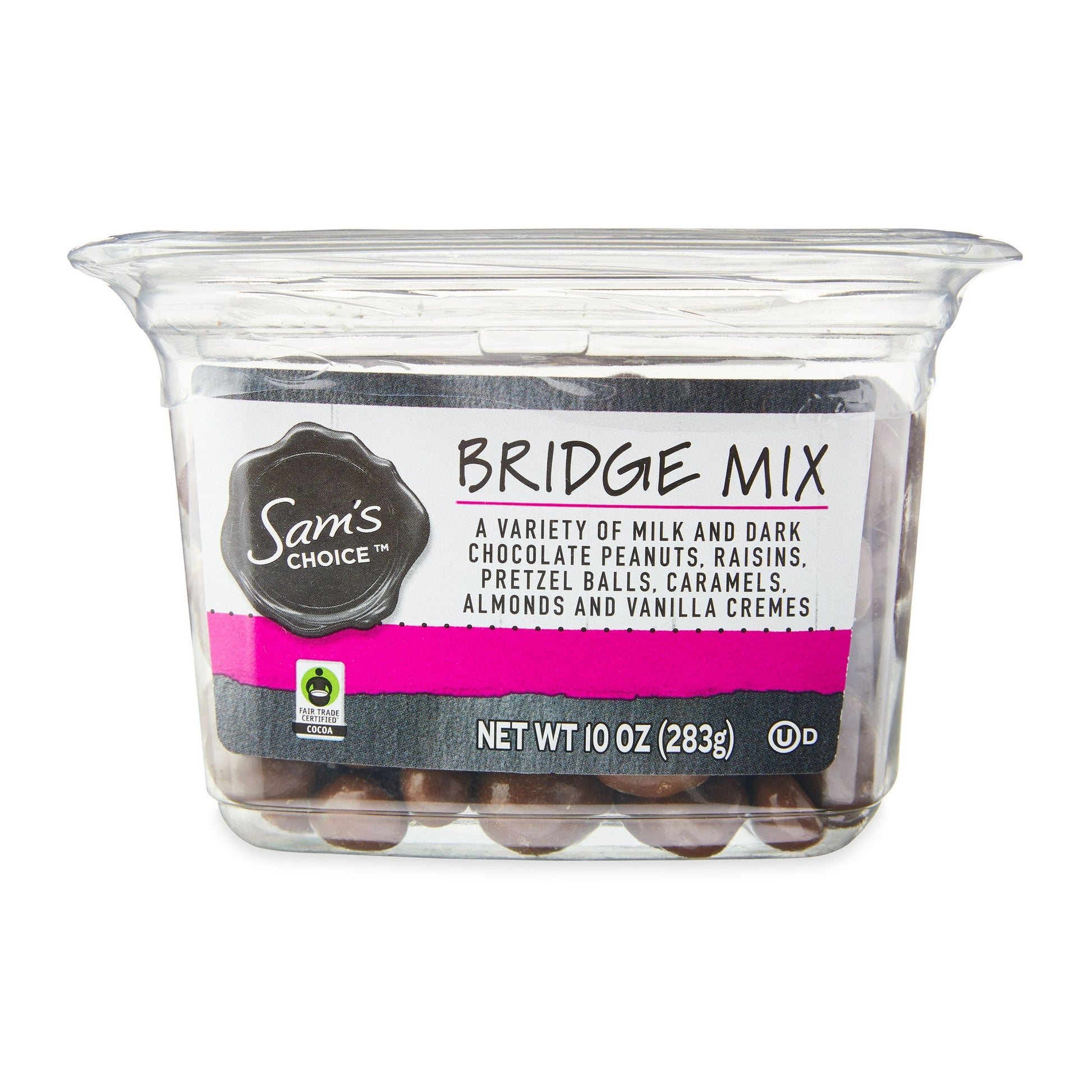 Our Sam's Choice Bridge Mix is sure to satisfy your salty and sweet cravings. This crowd-pleasing snack mix includes a variety of milk and dark chocolate peanuts, raisins, pretzel balls, caramels, almonds, and vanilla cremes. Take this satisfying treat to your next office gathering or sporting event. It's also a great snack to take with you on your next adventurous road trip. Conveniently packaged with a resealable lid, it will remain fresh until the very last crunchy bite. Indulge your craving for salty an