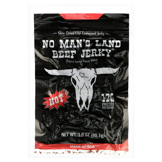 • High Protein: Each serving of No Man’s Land jerky contains 17g of protein per serving; this bag contains 51g of protein • High Quality: Whole muscle beef is hand-trimmed during our unique process to give you a 99% lean product • Authentic: Slow dried in Oklahoma in the old style for the best taste and texture • No Compromise on Nutrition: Only 1g of sugar, 2g of carbs, and 90 calories per serving. Our jerky has no added MSG, fillers, or artificial flavors • Bold Flavors: Our Hot jerky uses chili flakes an