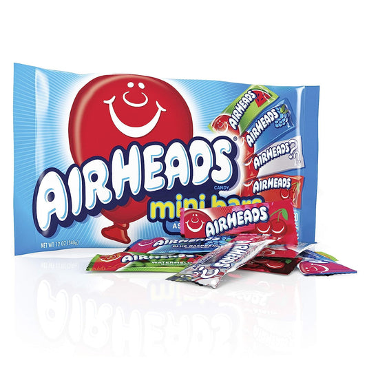 Enjoy Airheads individually wrapped assorted fruit mini bars. This 12oz bag has a variety of flavors including Cherry, Blue Raspberry, White Mystery and Watermelon. Every bite of these assorted fruit mini bars will make your taste buds happy. These Airhead bars are the perfect candy for fundraising, holidays, events, party favors, concession stands, office treats, movie snacks and more. Gluten-free, peanut-free and kosher. Approximately 30 pieces total.