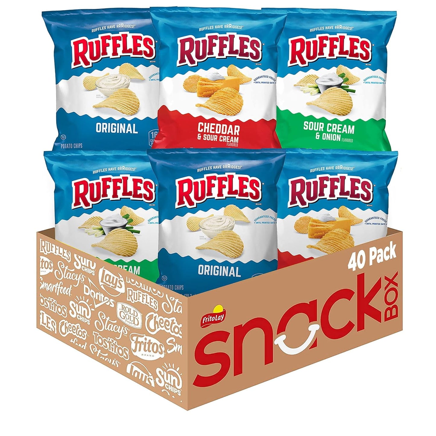 Chip lovers have come to know that R R R Ruffles Have Ridges! The thick ridges of Ruffles Potato Chips help hold more great potato chip flavors and stand up to the thickest dips. Single serve bags are perfect for snacking on the go. Ruffles Variety Packs provide the perfect portion size and variety to keep your entire family happy. No matter what the occasion from stocking the pantry, to your next family party, to the lunch box, or even a desk break, all you have to do is grab a pack and go! Shelf-Stable an