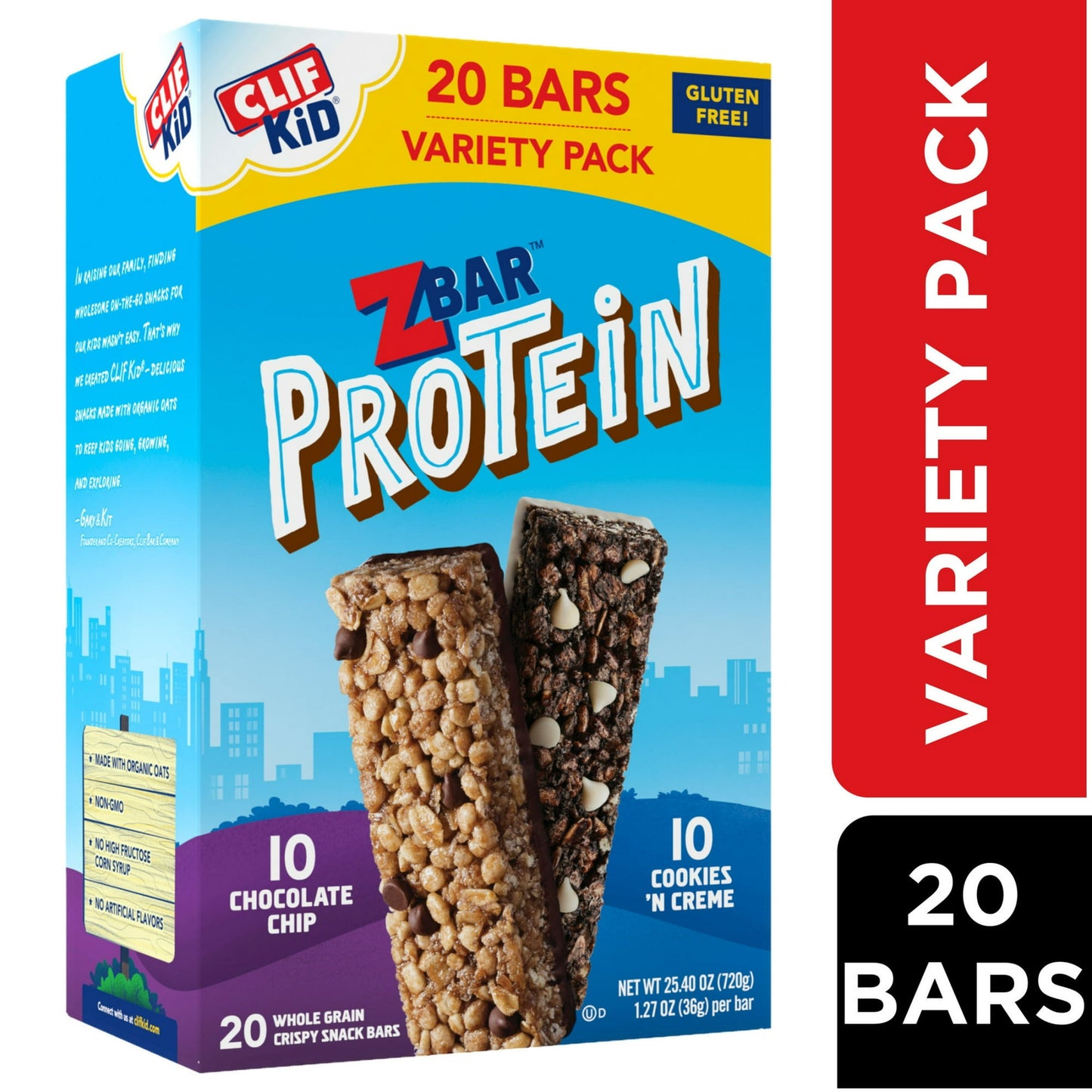 Crafted specially for kids, Clif Kid Zbar Protein snack bars are made with organic oats and other plant-based ingredients with 5g of protein per bar. These gluten-free snack bars are lunchbox-ready with a crispy, crunchy texture. Zbar Protein is non-GMO with no high fructose corn syrup, artificial flavors, or synthetic preservatives.