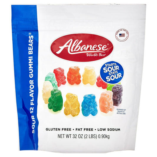 For more than 30 years, Albanese has made the World's Best Gummies in the US by using our simple recipe for success: putting flavor and texture first, always finding a better way, and never taking ourselves too seriously. Look for the Gummi with the “A” on the tummy to make sure you have the World's Best in your hands. We believe you deserve the World's Best gummies using the World's Best ingredients made by the World's Best people. Open a bag and share in our passion. Our Sour 12 Flavor Gummi Bears are sof