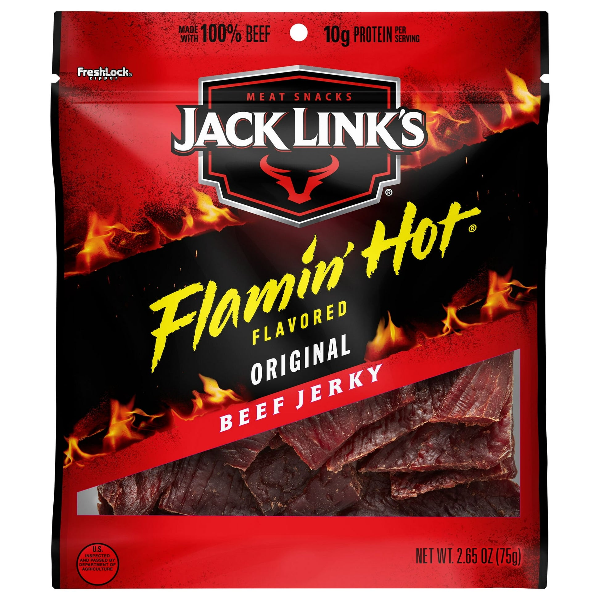 Ignite your tastebuds with JACK LINK’S® FLAMIN’ HOT® ORIGINAL beef jerky. This all-new mash-up combines the classic, Jack Link’s Original jerky taste you love with the Flamin’ Hot® heat you can’t get enough of. Watch us TURN UP THE HEAT® on a snacking favorite to give you a fiery kick in every bite. Are you ready for it? Shelf-stable. Individually packaged. Jerky & Dried Meats.