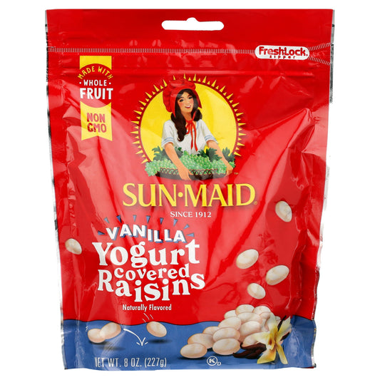 Sun-Maid Vanilla Yogurt Covered Raisins enrobe our timeless and trusted California Raisins in a creamy blanket of yummy, vanilla yogurt coating — perfect for a sweet treat or an on-the-go snack that has got your cravings covered. Enjoy our Vanilla Yogurt Covered Raisins in a recipe or on their own for a delicious twist on snacking at work, home, or school.