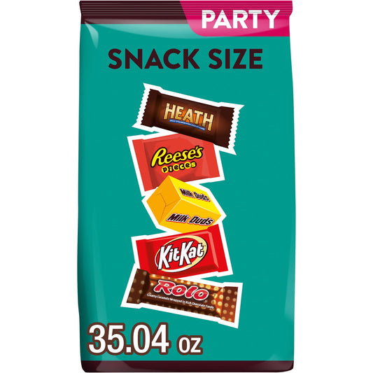 Enjoy a delicious candy treat anywhere and anytime with Hershey snack size assorted candy, perfect for snacking, parties, holidays and more. Offering five crowd-pleasing favorites, this chocolate candy variety pack is perfect for sharing with family, friends, teammates or co-workers. Take this bulk candy bag into the office break room, pour some individually wrapped candies into your jar at home or take a box to your next sports game to celebrate the win. This assorted bag of snack size candy contains HEATH