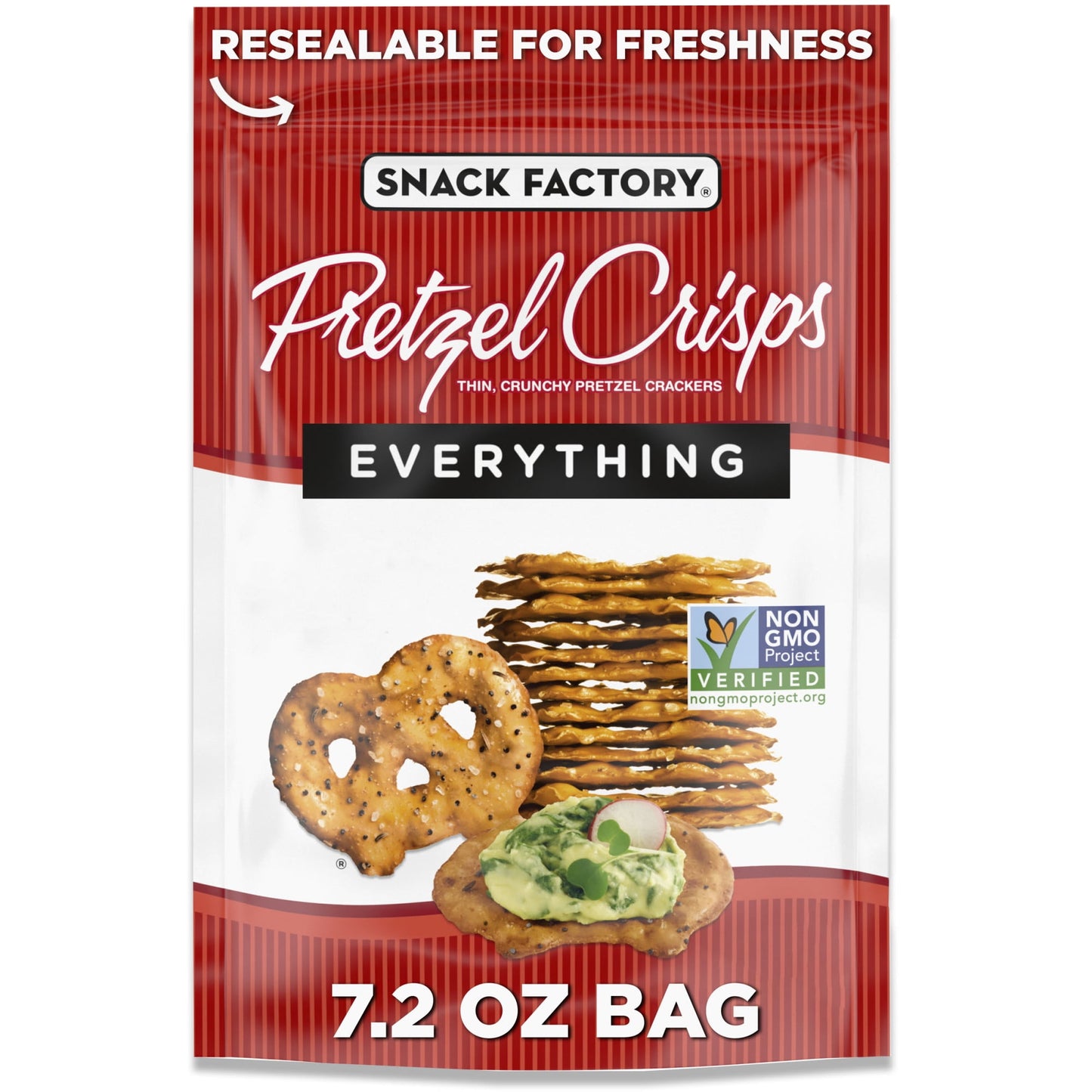 Dip or no dip, Snack Factory Everything Pretzel Crisps are flat-out delicious. Our Everything Pretzel Crisps are generously sprinkled with poppy seeds, onion, garlic and salt. How much more flavor could you want? A modern, gourmet twist on an old favorite, these thin and crunchy pretzel chips give you the best part of traditional pretzels without the doughy center. They’re perfectly seasoned and baked just right for a hearty, satisfying crunch in a slim, sturdy shape that's dippable, toppable and deliciousl